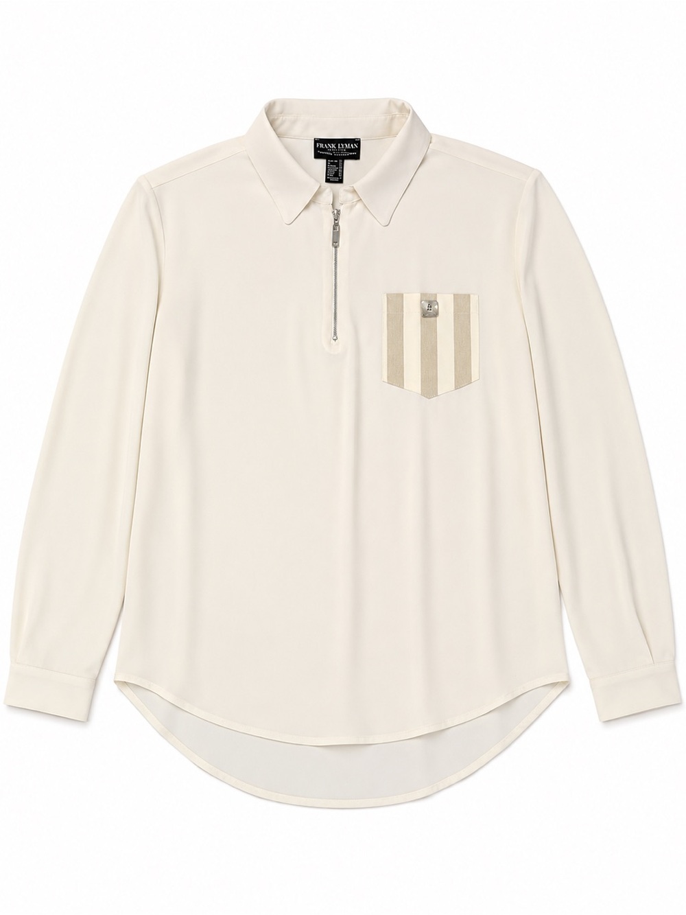 Frank Lyman Design Cream Long-Sleeve Zip Polo with Striped Pocket
